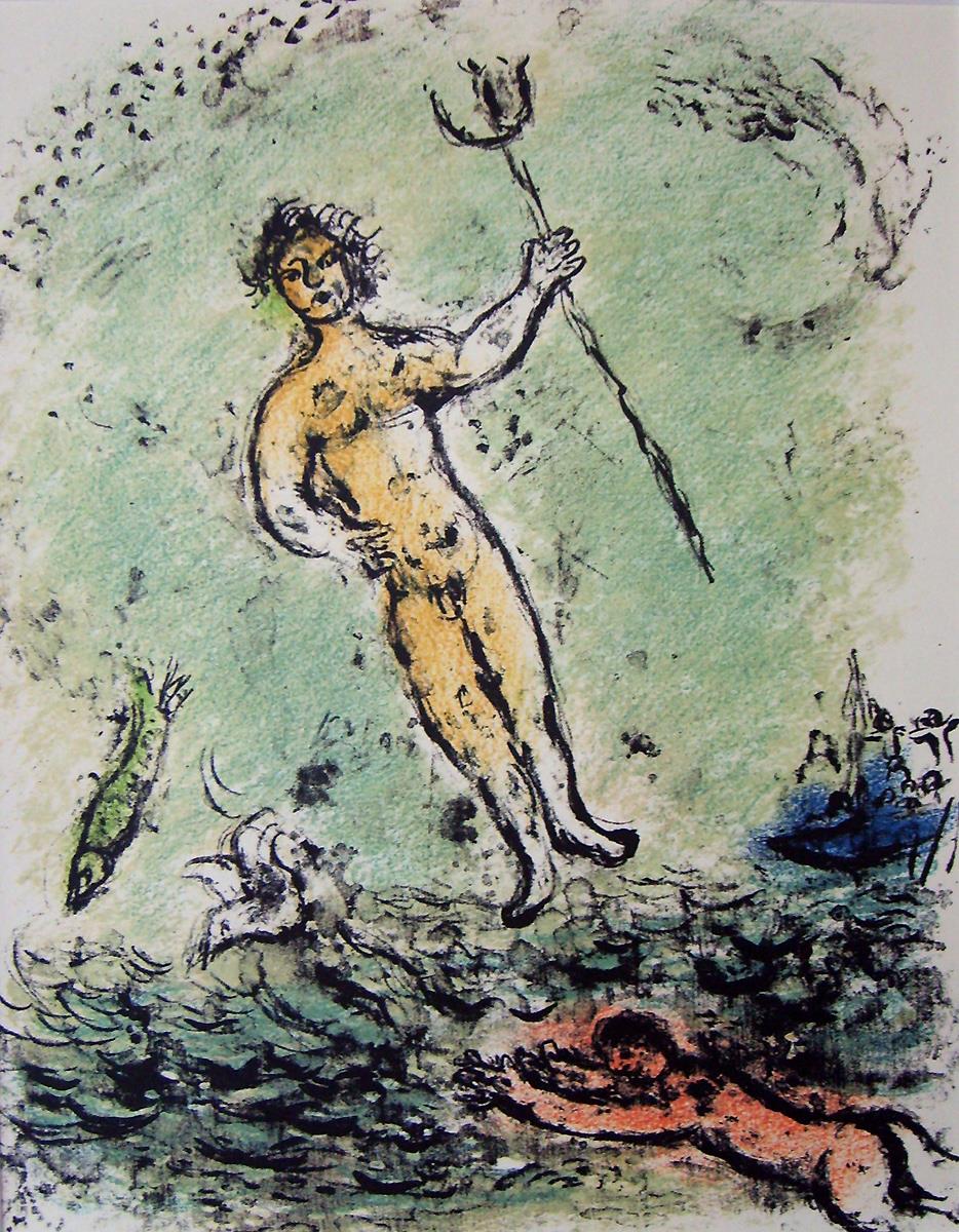 マルク・シャガールのカラー現代版ポセイドンのリトグラフ油絵